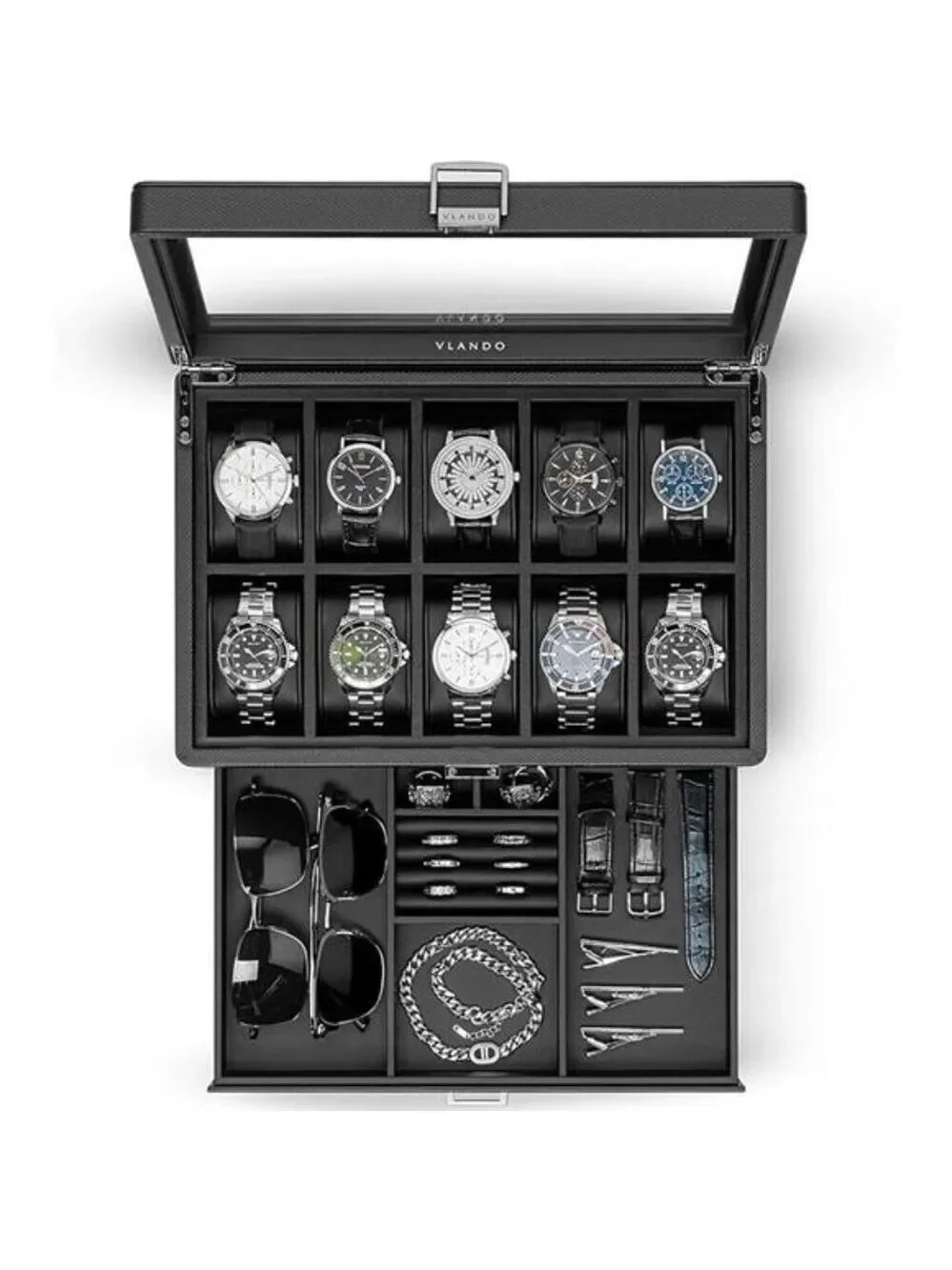 Mens Watch Box Organizer 10 Slot Leather Jewelry Case with Drawer Glass Lid